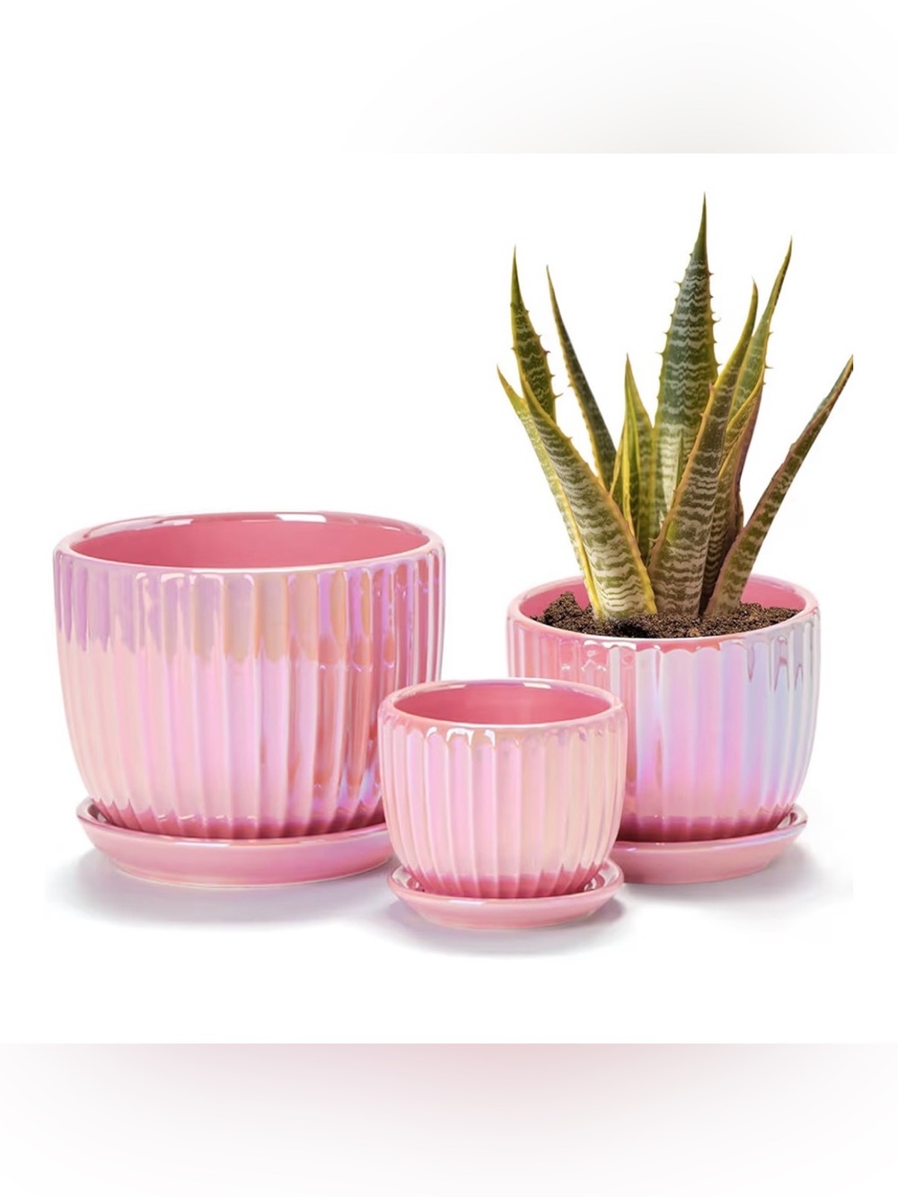 Pink Iridescent Ceramic Ribbed Planter Set